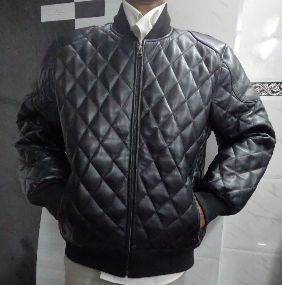 Noor Black Quilted Leather Bomber Jacket for Men Handmade Men s