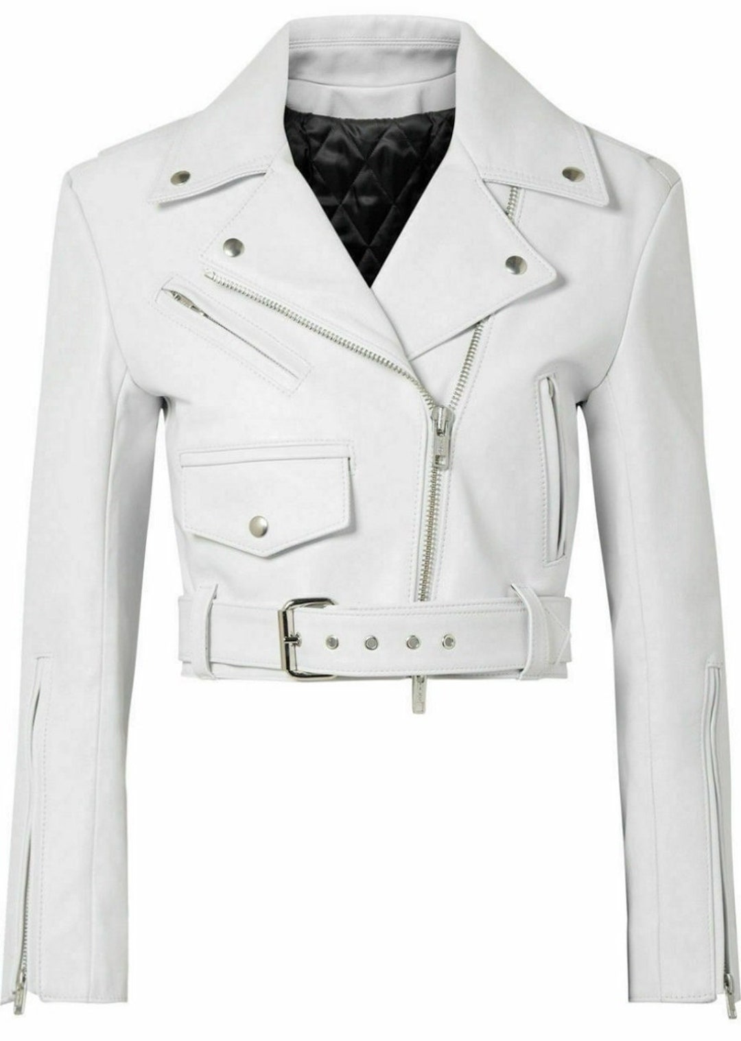 Noor Womens White CROPPED Leather Jacket Slim Fit BIKER 