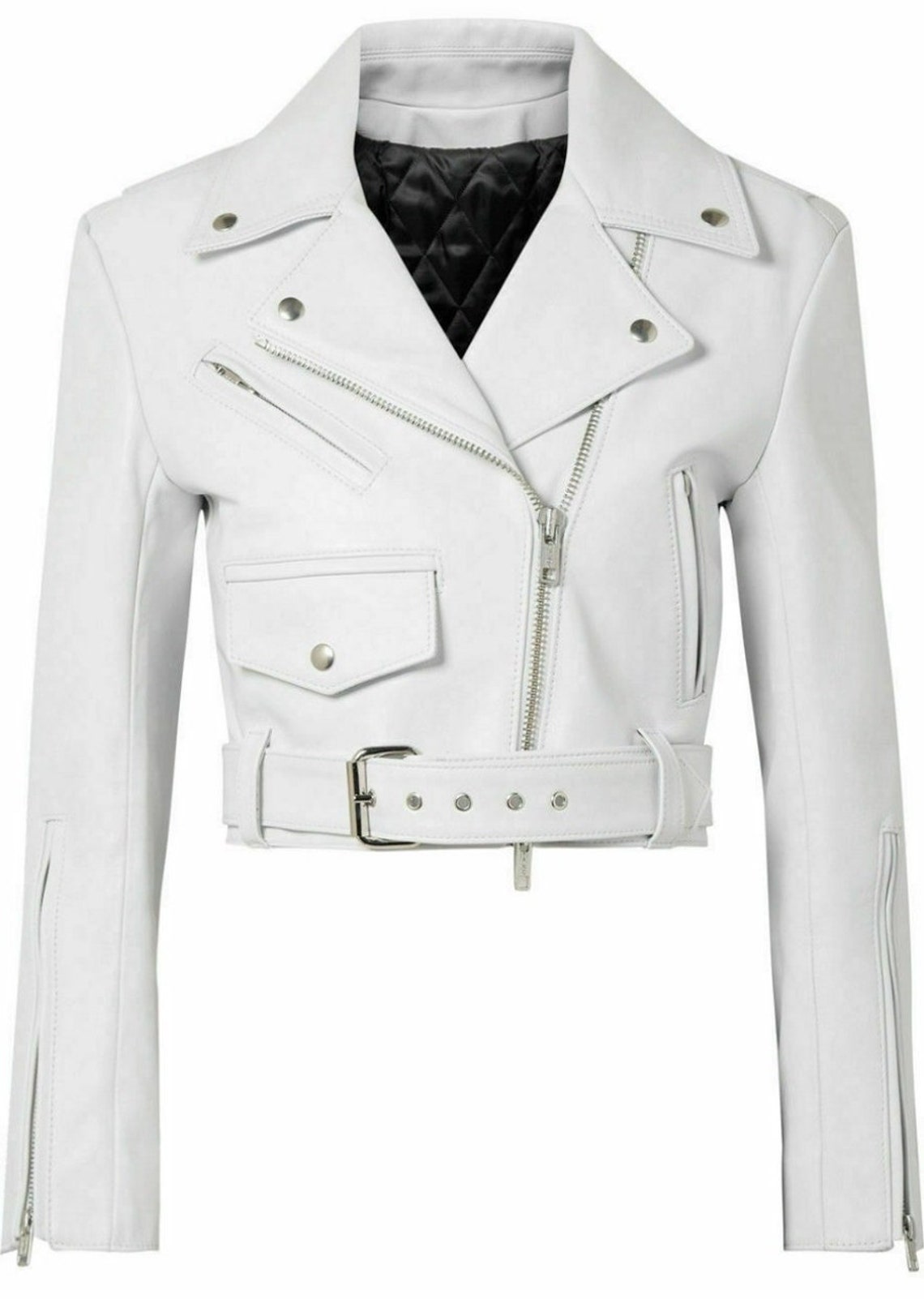 Noor Womens White CROPPED Leather Jacket Slim Fit BIKER Etsy