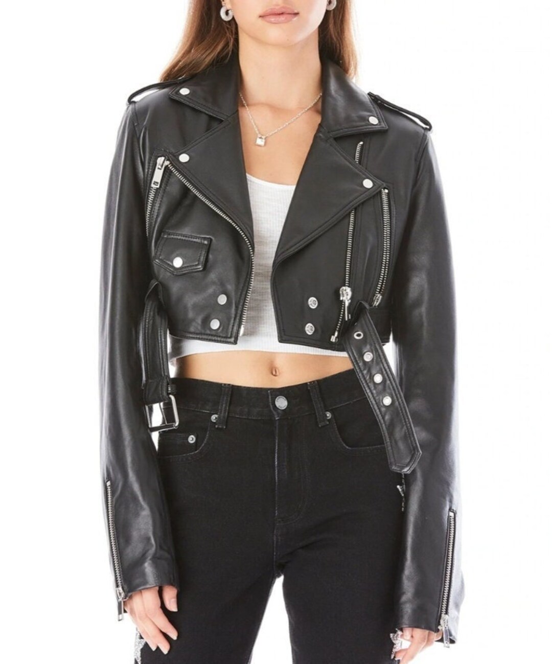 Noor Womens BLACK Leather Jacket Slim Fit Cropped Style - Etsy