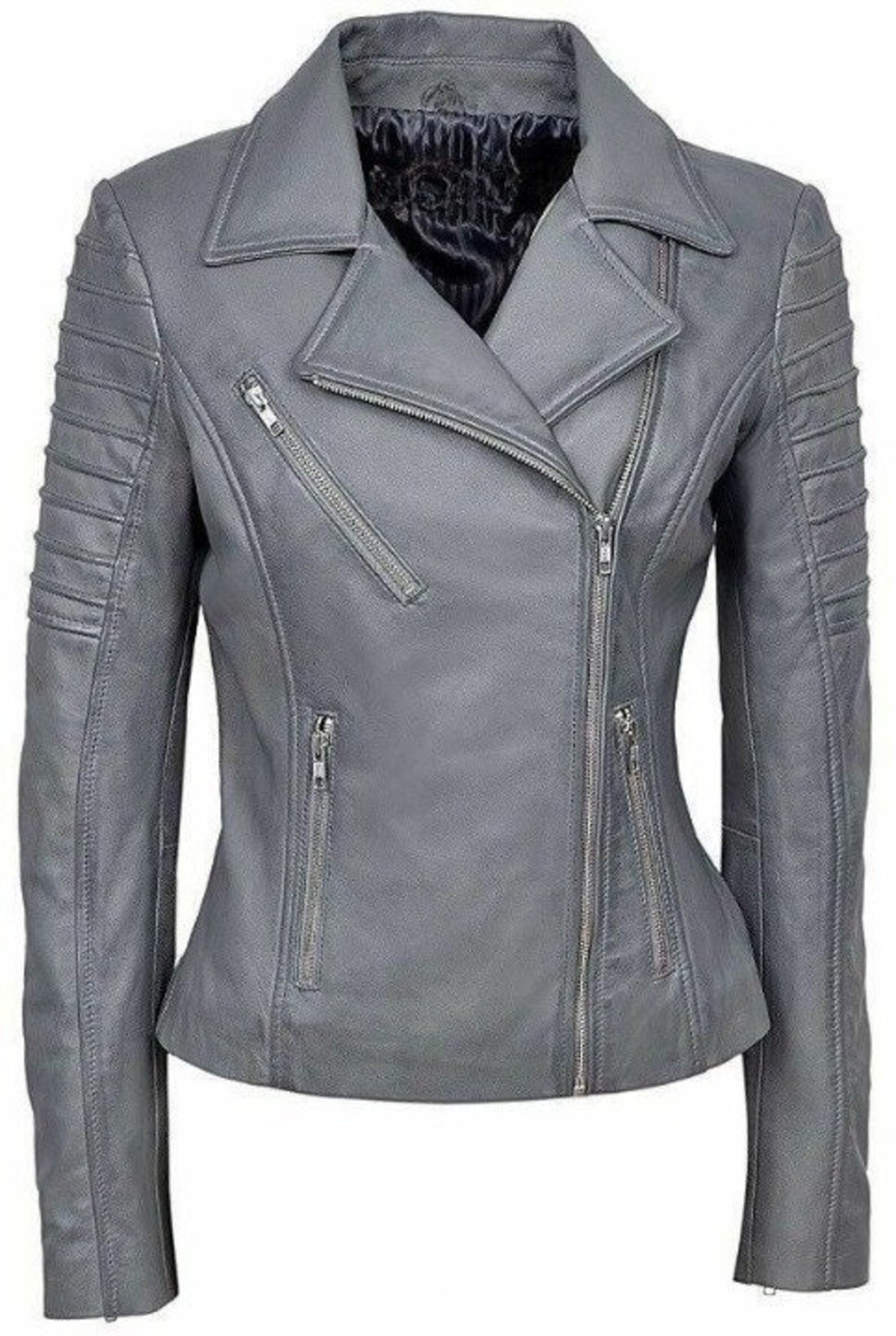 Women GREY Genuine Lambskin Leather Biker Jacket Stylish Etsy