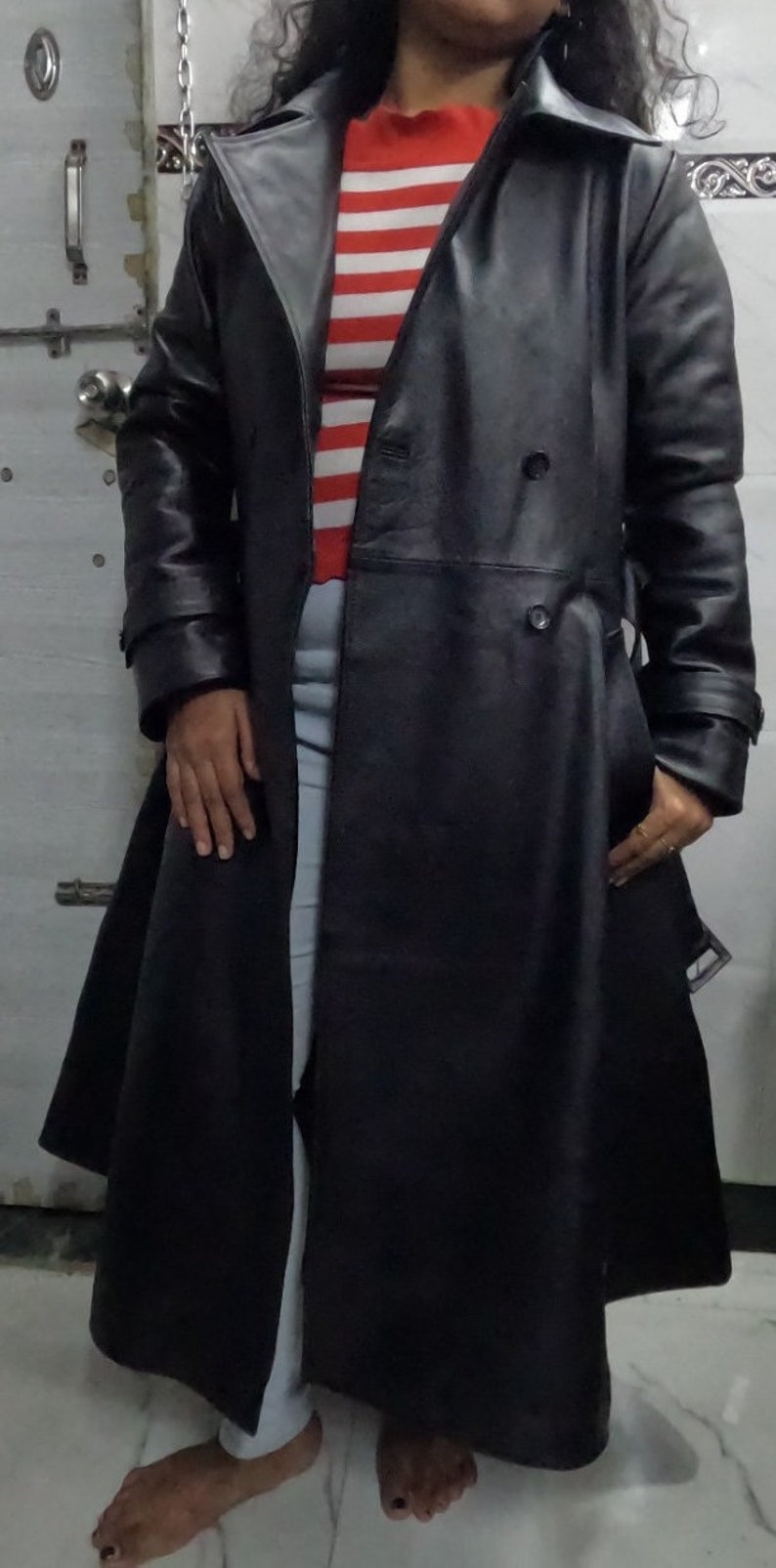 Womens Leather Trench Coat Black Double Breasted Leather Etsy