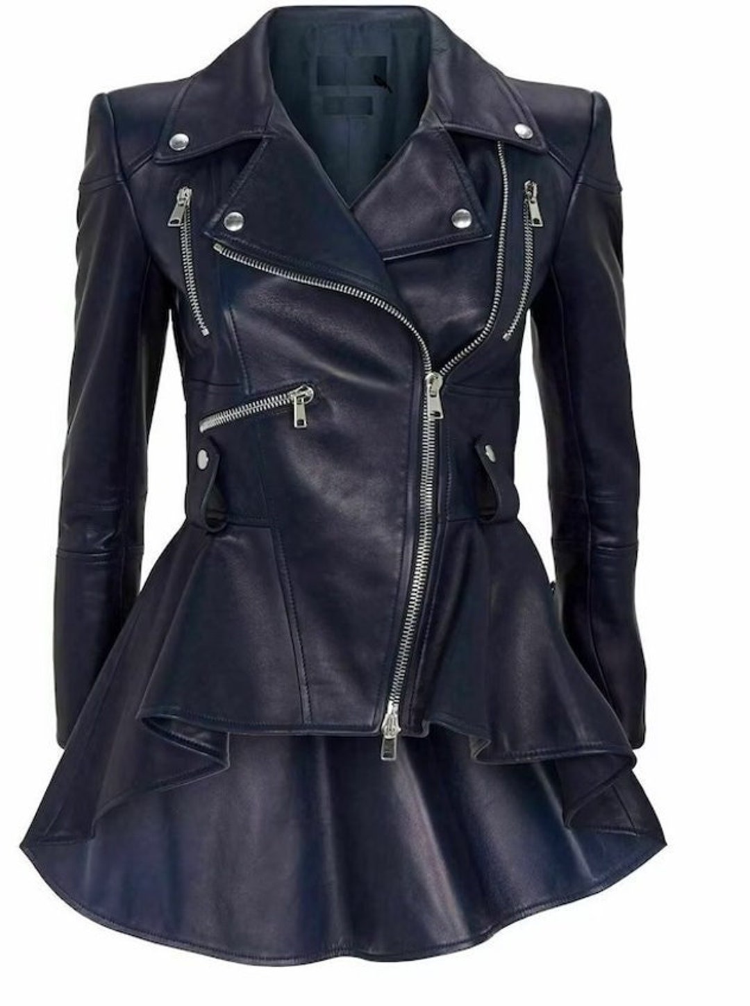 Noor Womens Navy BLUE PEPLUM Style Leather Jacket Biker Flare Leather ...