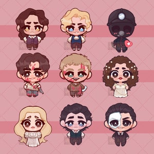 Puede incluir: Nueve ilustraciones de personajes de dibujos animados de diferentes personas con diferentes expresiones faciales y ropa. Los personajes están todos en un estilo chibi, con cabezas grandes y cuerpos pequeños. El fondo es un patrón de rayas rosa y blanco.