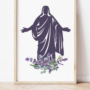 May include: A purple silhouette of a person with arms outstretched, standing on a bed of lavender flowers.