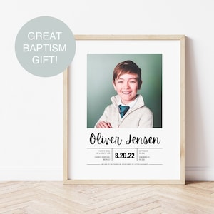 May include: A printable baptism poster with a photo of a young boy, the name "Oliver Jensen", and the date "8.20.22". The poster also includes the text "I am a child of God" and "I belong to the Church of Jesus Christ of Latter-day Saints".
