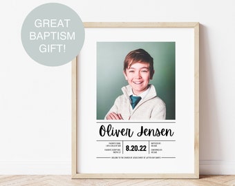May include: A printable baptism poster with a photo of a young boy, the name "Oliver Jensen", and the date "8.20.22". The poster also includes the text "I am a child of God" and "I belong to the Church of Jesus Christ of Latter-day Saints".