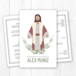Puede incluir: Invitación de bautizo con una ilustración de Jesús con los brazos abiertos, rodeado por una corona verde. El texto "BIENVENIDOS AL BAUTISMO DE ALEX MUNIZ" se muestra debajo. Texto adicional y líneas para nombres al lado.