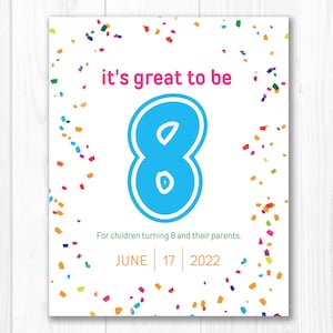 May include: A white card with colorful confetti on a white wood background. The card has the text "it's great to be 8" with a large blue number 8. The text "For children turning 8 and their parents." is below the number. The date "JUNE 17 2022" is at the bottom of the card.