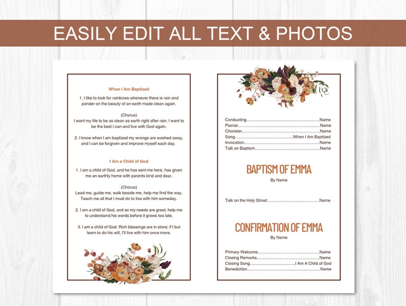 LDS Baptism Program, Baptism Program LDS, LDS Baptism Program Template, lds Baptism Program Girl, Vintage Floral, Burgundy, Burnt Orange