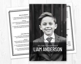 May include: Black and white photo of a young boy in a suit, smiling. The photo is for a baptism and includes the text "Welcome to the Baptism of Liam Anderson".