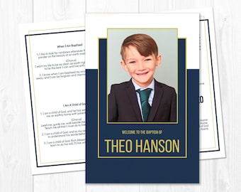 May include: A navy blue and gold baptism invitation with a photo of a young boy in a suit and tie. The invitation reads "Welcome to the Baptism of Theo Hanson".