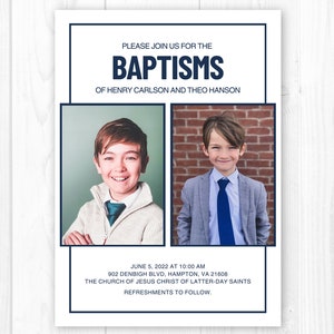 Peut inclure: Invitation à une cérémonie de baptême pour Henry Carlson et Theo Hanson, avec des photos des deux garçons en costume, à l'Église de Jésus-Christ des Saints des Derniers Jours le 5 juin 2022 à 10h00. Des rafraîchissements seront servis après la cérémonie.