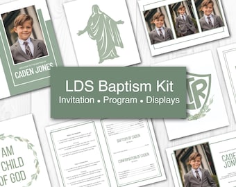 May include: An LDS Baptism Kit with invitations, programs, and displays. The kit features a photo of a young boy in a suit, along with text that reads "Welcome to the Baptism of Caden Jones." The kit includes a green and white color scheme.