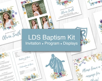 Bautismo de niña LDS de flores silvestres azules Programa de bautismo de niña Plantilla de invitación de bautismo Genial para ser ocho Estoy tratando de ser como Jesús CTR Christus