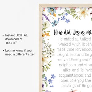 Puede incluir: Una impresi&oacute;n enmarcada con el texto "&iquest;C&oacute;mo ministr&oacute; Jes&uacute;s?" rodeada por un borde floral. La impresi&oacute;n incluye el texto "Descarga DIGITAL instant&aacute;nea de -8.5x11" y "&iexcl;Av&iacute;same si necesitas un tama&ntilde;o diferente!"