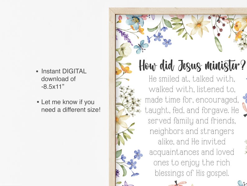 Puede incluir: Una impresi&oacute;n enmarcada con el texto "&iquest;C&oacute;mo ministr&oacute; Jes&uacute;s?" rodeada por un borde floral. La impresi&oacute;n incluye el texto "Descarga DIGITAL instant&aacute;nea de -8.5x11" y "&iexcl;Av&iacute;same si necesitas un tama&ntilde;o diferente!"