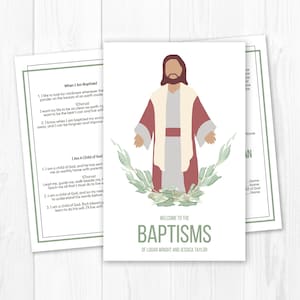 May include: A printable card with a watercolor illustration of Jesus Christ and green leaves. The card has the text "Welcome to the Baptisms of Logan Wright and Jessica Taylor".