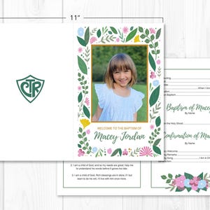 May include: A white baptism announcement card, 11 inches wide and 8.5 inches tall, featuring a photo of a young girl. The card includes floral designs, text that reads "Welcome to the Baptism of Macey Jordan," and space for details.