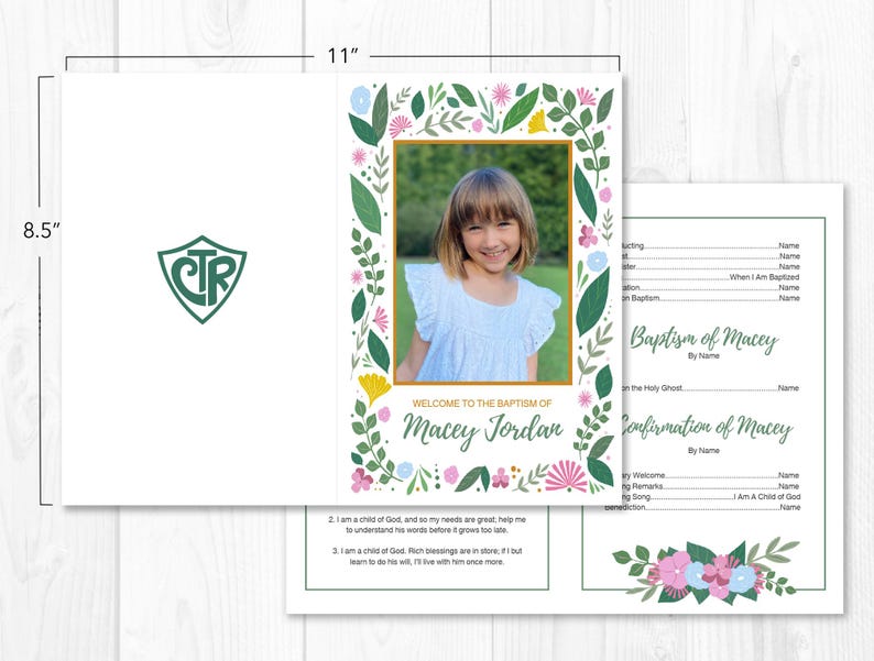 May include: A white baptism announcement card, 11 inches wide and 8.5 inches tall, featuring a photo of a young girl. The card includes floral designs, text that reads "Welcome to the Baptism of Macey Jordan," and space for details.