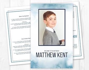 May include: A blue and white watercolor background with a photo of a young boy in a gray sweater and white shirt. The text "WELCOME TO THE BAPTISM OF MATTHEW KENT" is printed in black at the bottom of the image.
