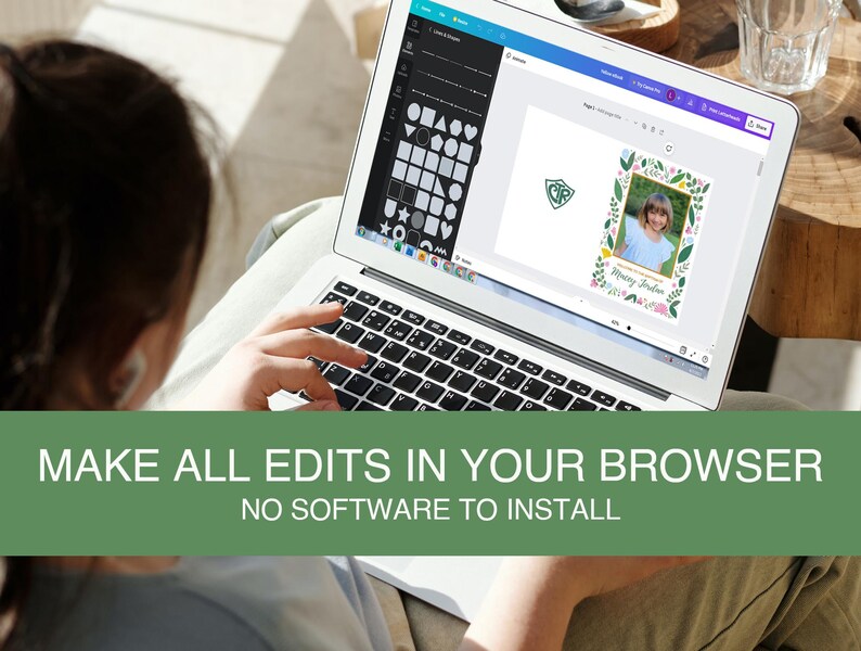 May include: A laptop displaying a design interface with a photo and floral elements. The screen shows the text "Merry Jordan". The image also includes the text "MAKE ALL EDITS IN YOUR BROWSER" and "NO SOFTWARE TO INSTALL".
