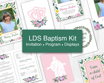 May include: A collection of LDS baptism kit items, including invitations, programs, and displays. The designs feature floral borders, a pink shield with "CTR" and a picture of a girl. The text "LDS Baptism Kit" is displayed on a green background.