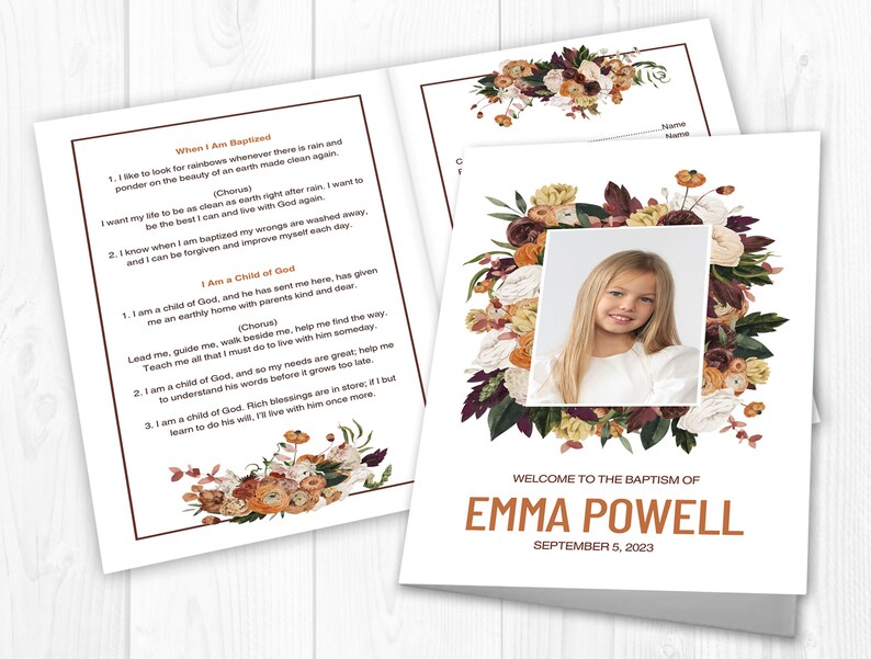 LDS Baptism Program, Baptism Program LDS, LDS Baptism Program Template, lds Baptism Program Girl, Vintage Floral, Burgundy, Burnt Orange