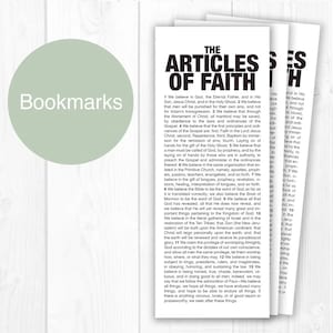 May include: A set of bookmarks with a white background and black text. The bookmarks feature the title "The Articles of Faith" and list the 13 articles of faith of the Church of Jesus Christ of Latter-day Saints.