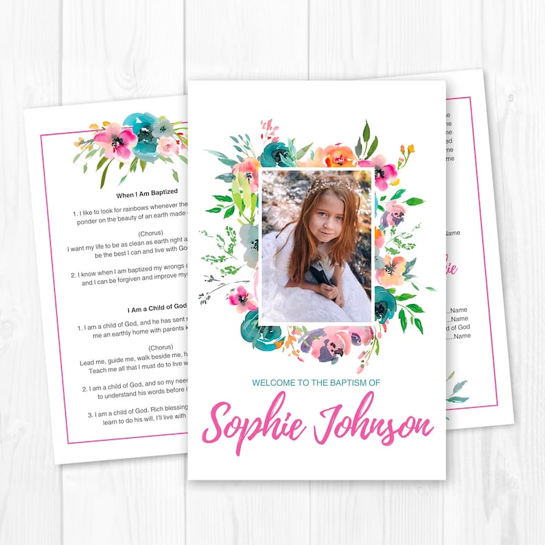 LDS baptism program template with bright colorful flower. Great for girls.