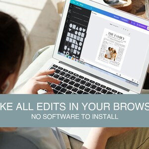 Pode incluir: Um laptop exibe um modelo de foto de fam&iacute;lia com o texto "THE FAMILY". A tela mostra ferramentas de edi&ccedil;&atilde;o e uma foto de fam&iacute;lia. A imagem tamb&eacute;m inclui o texto "MAKE ALL EDITS IN YOUR BROWSER" e "NO SOFTWARE TO INSTALL."