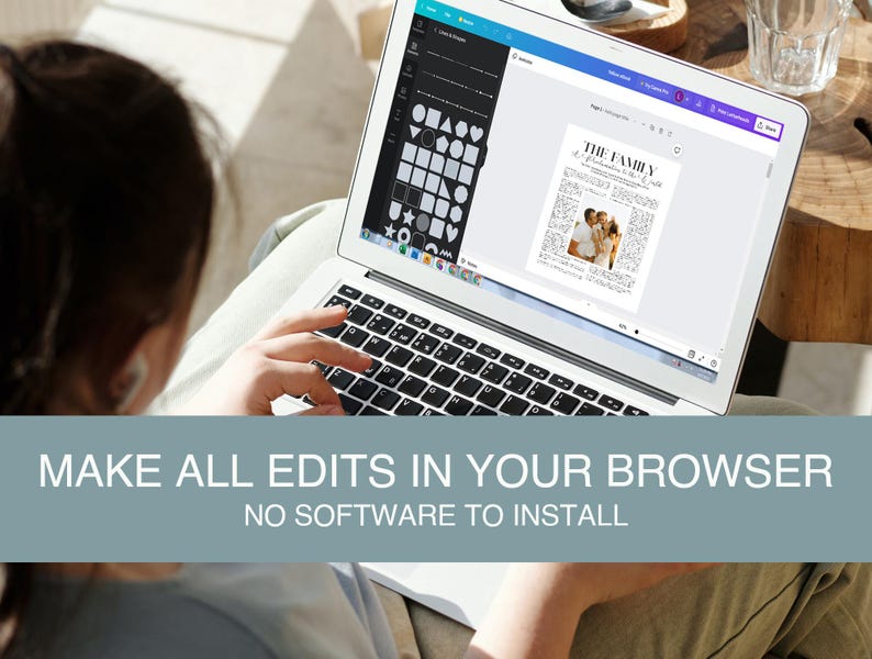 Pode incluir: Um laptop exibe um modelo de foto de fam&iacute;lia com o texto "THE FAMILY". A tela mostra ferramentas de edi&ccedil;&atilde;o e uma foto de fam&iacute;lia. A imagem tamb&eacute;m inclui o texto "MAKE ALL EDITS IN YOUR BROWSER" e "NO SOFTWARE TO INSTALL."