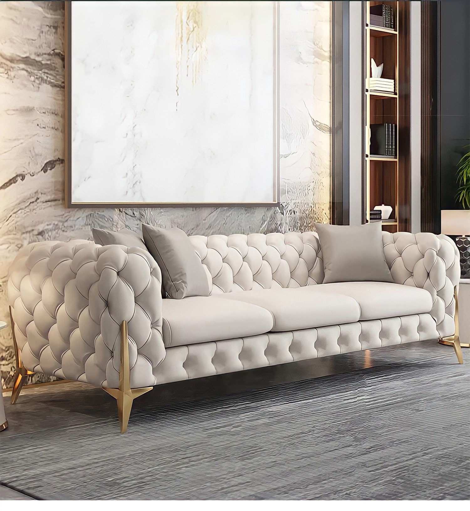 The Rocky Chesterfield in Light Cream Leather 3 Seater 2 - Etsy UK