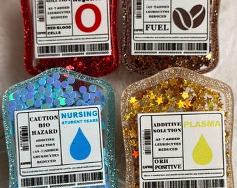 Glitter IV Bag Shaker Badge Reel | Funny Medical ID Holder | Coffee Plasma Blood Designs | Cute Healthcare Gift