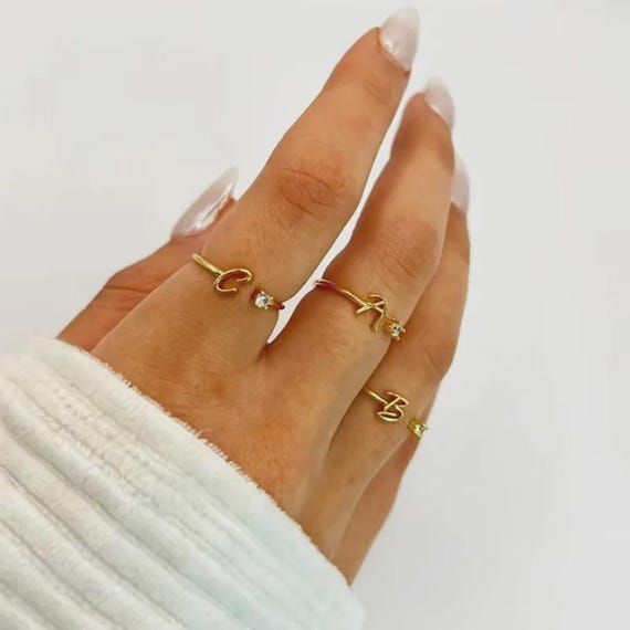 Personalised Initial Ring, Adjustable Gold Stainless Steel Letter Ring, CZ Dainty Gift for Her