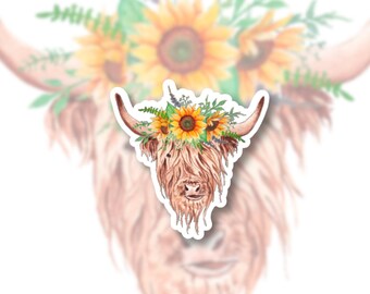 Highland cow sticker - sunflowers - laminated vinyl sticker - waterproof - water bottle - laptop - sticker