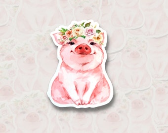 Flower crown pig - girly pig - flowers - farm animal - laminated vinyl sticker - Magnet