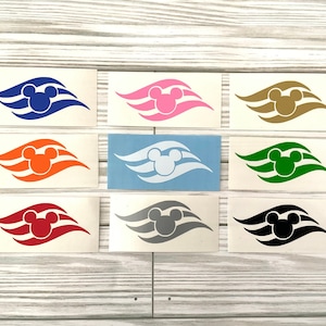 May include: A collection of rectangular stickers featuring a stylized Mickey Mouse head within a wave design. The stickers come in various colors, including blue, pink, gold, orange, light blue, green, red, gray, and black.