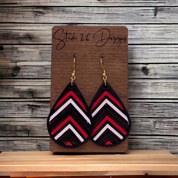 Game Day Red Black and White Wooden Cutout Chevron Earrings | Hand Painted | Team Spirit | Customizable Team Colors | Wooden Teardrops