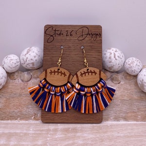 Game Day Navy Orange and White Football Fringe Earrings | Football Tassels | Customizable Team Color Earrings