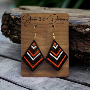 Black Orange and White Wooden Game Day Earrings | Cutout Chevron Earrings | Hand Painted | Customizable Team Colors Earrings