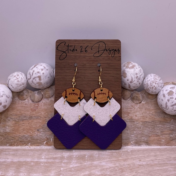 Game Day Purple and White Leather Football Earrings | Team Spirit Earrings | Customizable Earrings