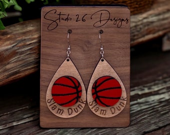 Game Day Red and Black Wooden Basketball Earrings | Hand Painted | Team Spirit | Wooden Teardrops | Slam Dunk Earrings