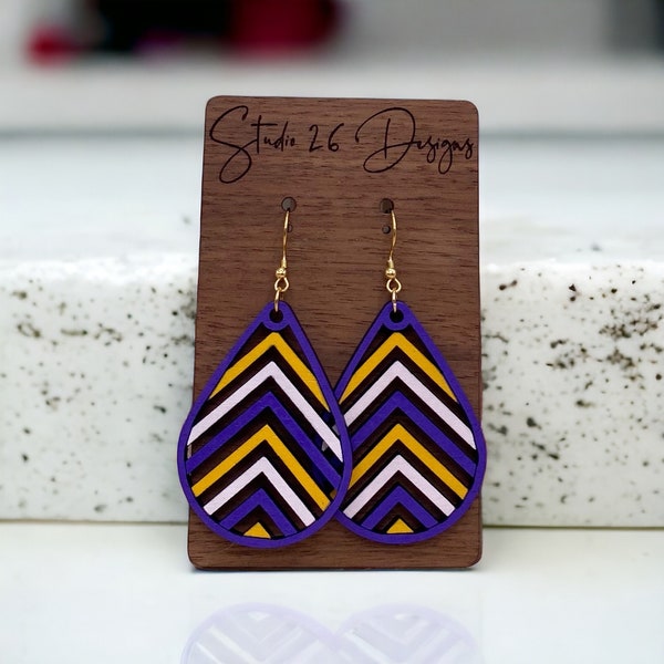 Game Day Purple Yellow and White Wooden Cutout Chevron Teardrop Earrings | Hand Painted | Team Spirit | Customizable Team Colors