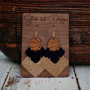 Game Day Black and Gold Leather Basketball Chevron Earrings | Team Spirit Earrings | Customizable Team Color Earrings
