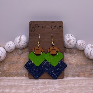 Game Day Blue and Lime Green Leather Football Earrings | Customizable Team Color Earrings