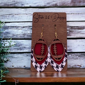 Game Day Crimson and Houndstooth Layered Petal Football Earrings | Genuine Leather | Team Spirit | Customizable Team Colors Earrings