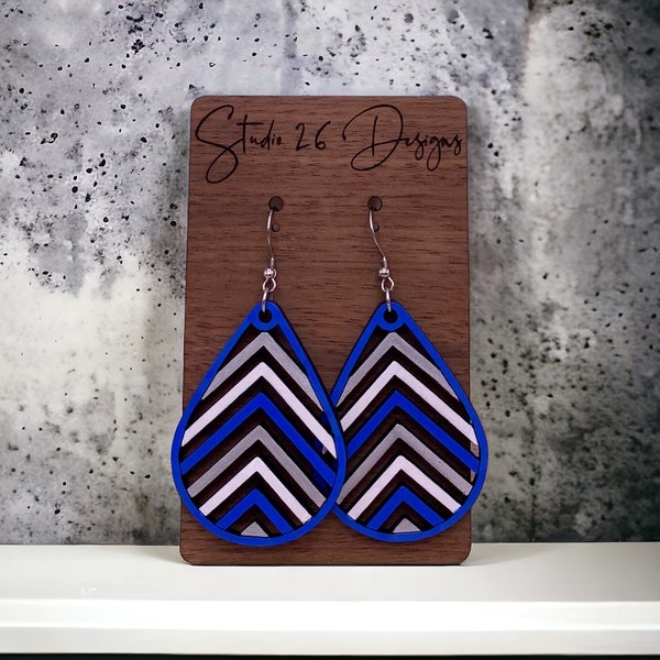 Game Day Blue Silver and White Wooden Cutout Chevron Earrings | Hand Painted | Team Spirit | Customizable Team Colors | Wooden Teardrops