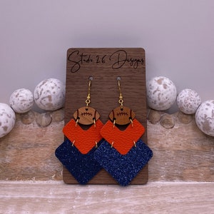 Game Day Navy and Orange Leather Football Earrings | Team Spirit Earrings | Customizable Team Color Earrings