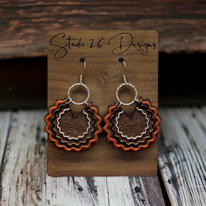 Game Day Orange Black and White Wavy Wooden Split Circle Earrings | Hand Painted | Laser Engraved | Customizable Team Colors Earrings